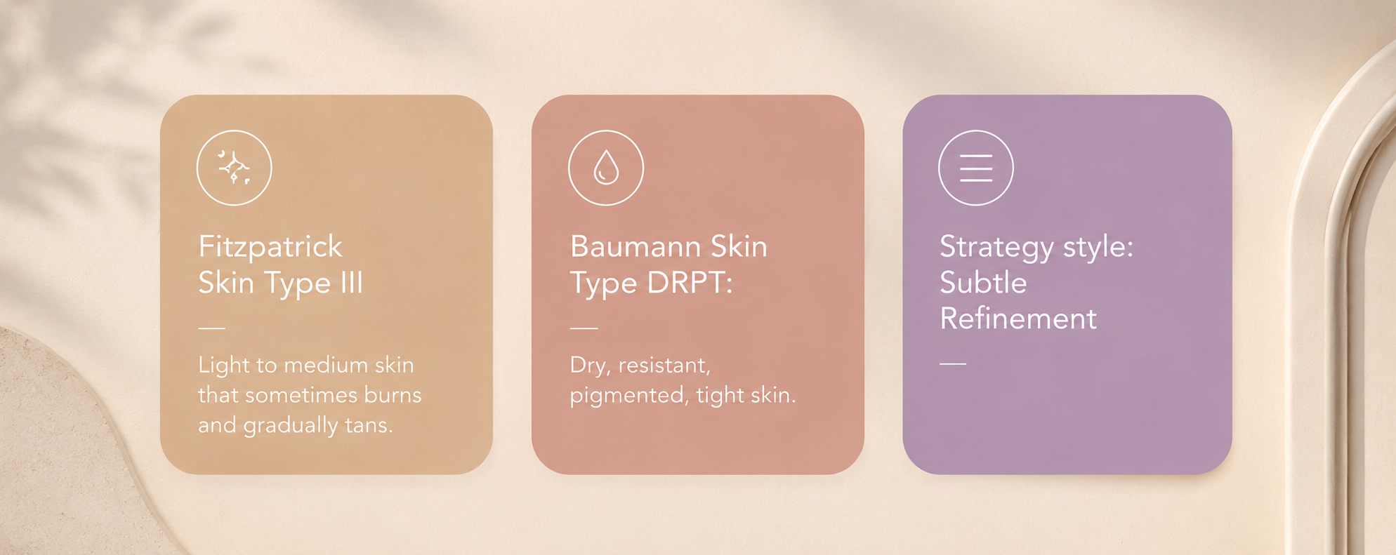 Three sample skin strategy cards: Fitzpatrick Skin Type III, Baumann Skin Type DRPT, and a Subtle Refinement strategy style